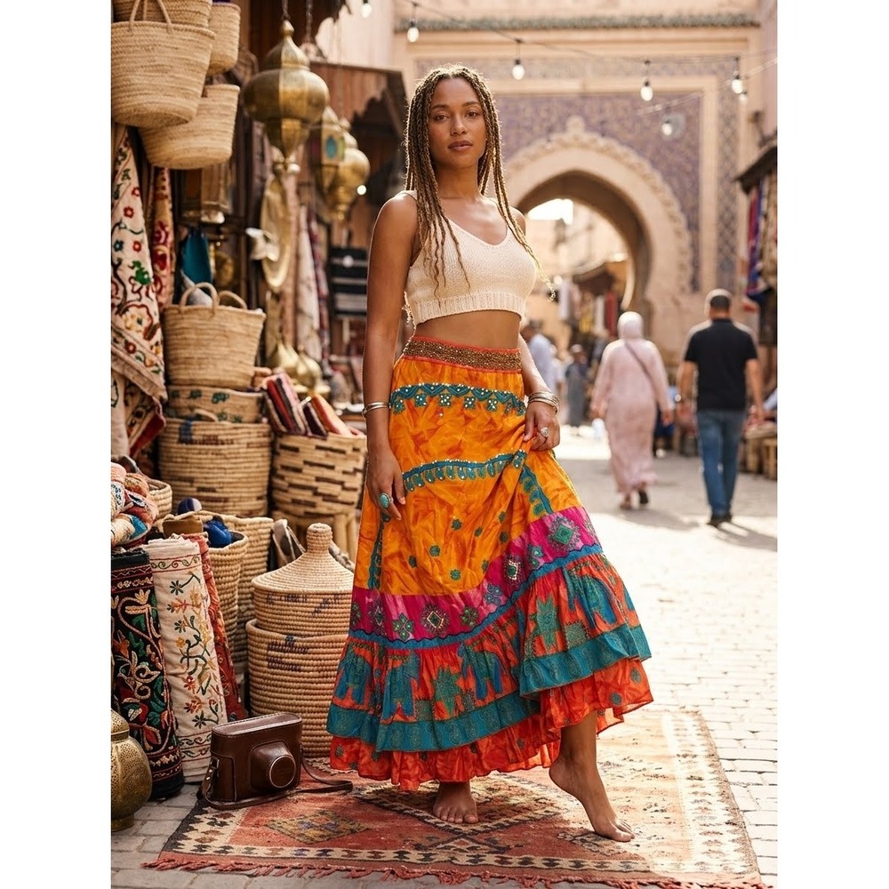 Venus Embellished Elephant Print Maxi Skirt Boho Festival Cotton Size M